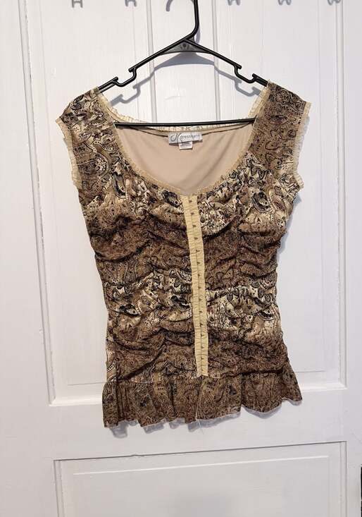 Dressbarn Tops - Y2K Fairycore Paisley Sheer Mesh Ruched Ruffle Hem Cami Top size Medium
AD